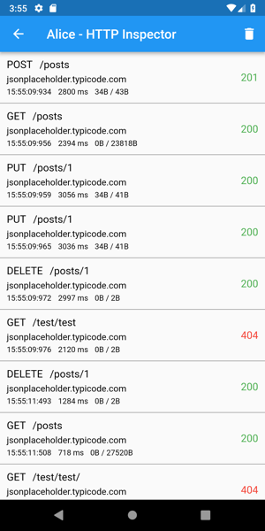 Screenshot of the Alice HTTP Inspection tool being used to debug network requests in Flutter.