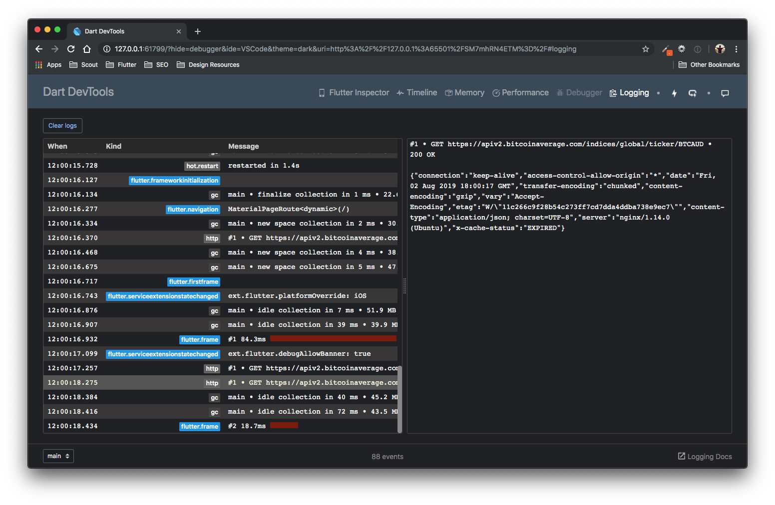 Screenshot of Flutter DevTools being used to debug network requests in Flutter via logs.